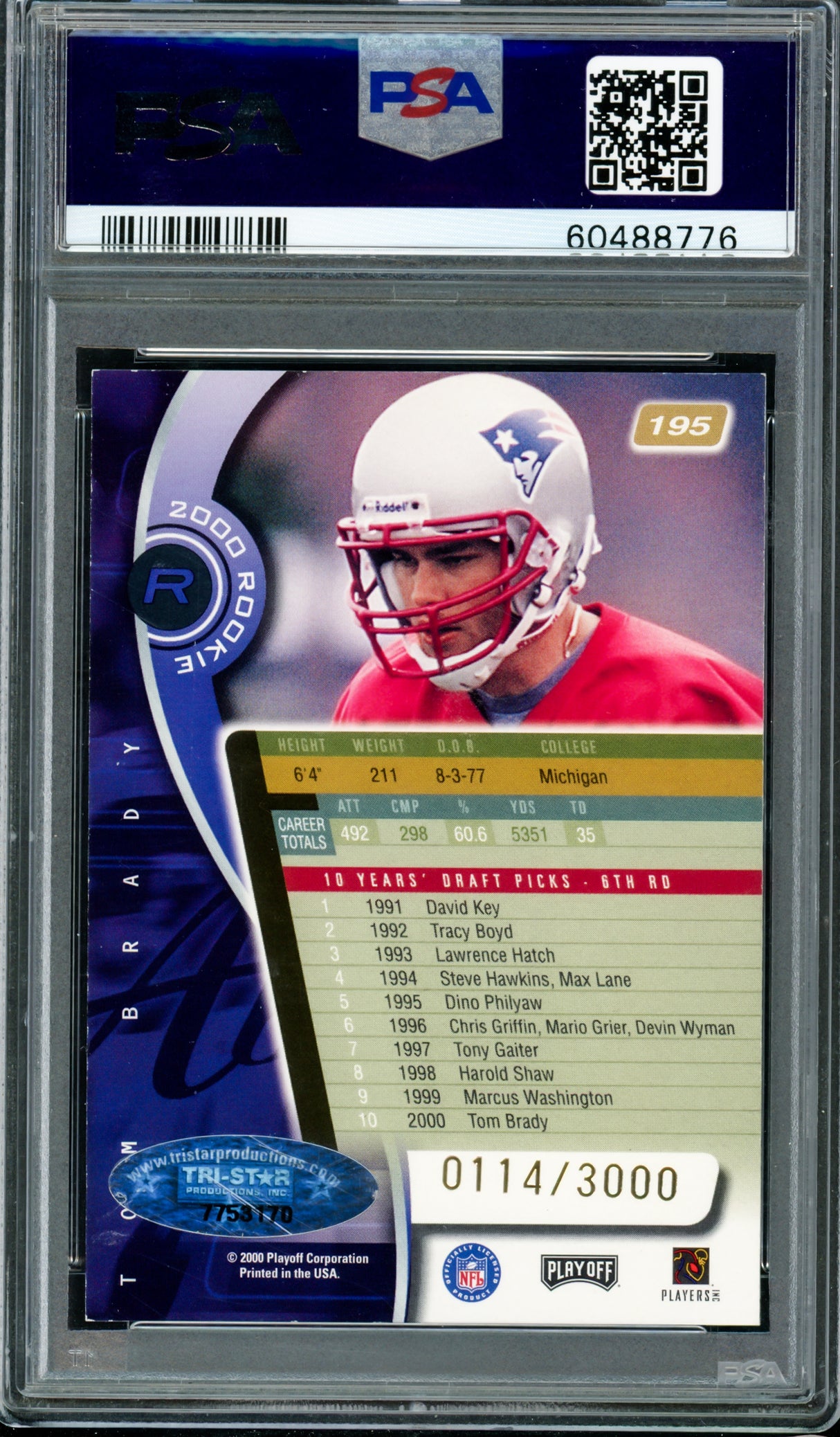 Tom Brady Autographed 2000 Playoff Absolute Rookie Card #195 New England Patriots Auto Grade Mint 9 #114/3000 PSA/DNA #60488776