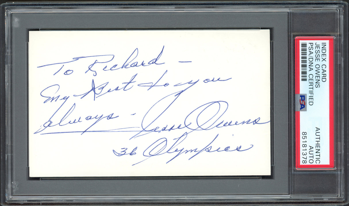 Jesse Owens Autographed 3x5 Index Card 1936 Olympics "To Richard" PSA/DNA #85181378