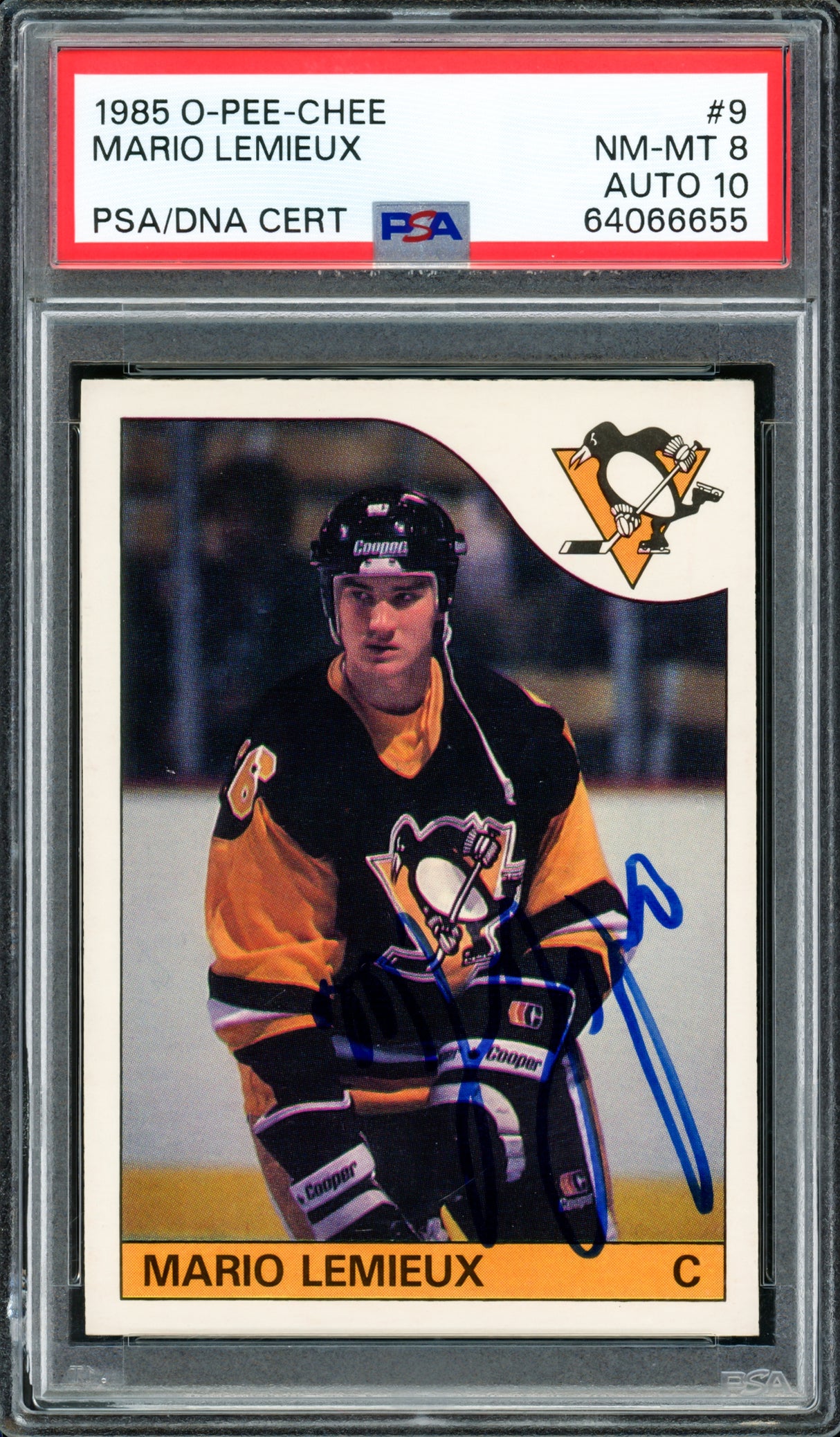 Mario Lemieux Autographed 1985 O-Pee-Chee Rookie Card #9 Pittsburgh Penguins PSA 8 Auto Grade Gem Mint 10 PSA/DNA #64066655