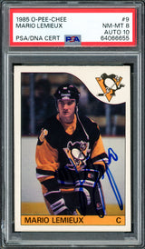 Mario Lemieux Autographed 1985 O-Pee-Chee Rookie Card #9 Pittsburgh Penguins PSA 8 Auto Grade Gem Mint 10 PSA/DNA #64066655