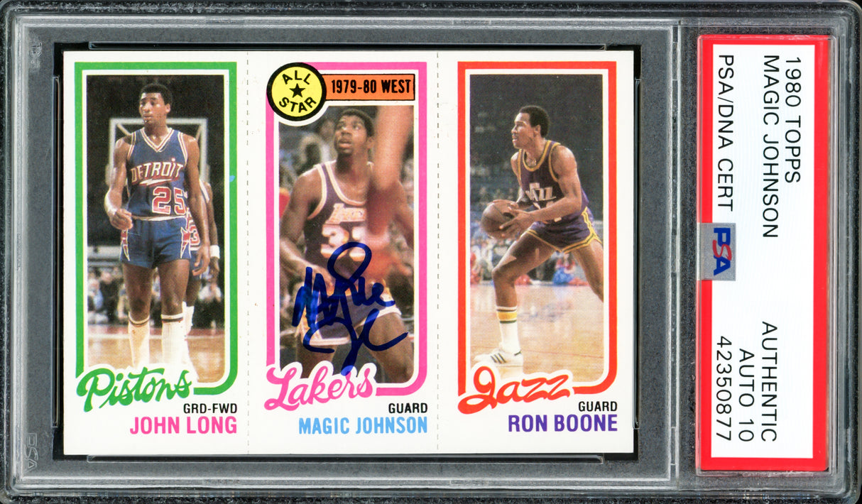 Magic Johnson Autographed 1980 Topps Rookie Card Los Angeles Lakers Auto Grade Gem Mint 10 PSA/DNA #42350877