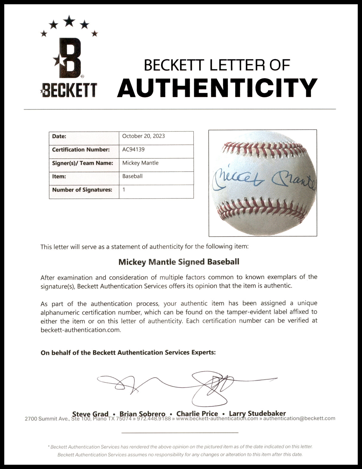 Mickey Mantle Autographed Official AL Baseball New York Yankees Beckett BAS #AC94139