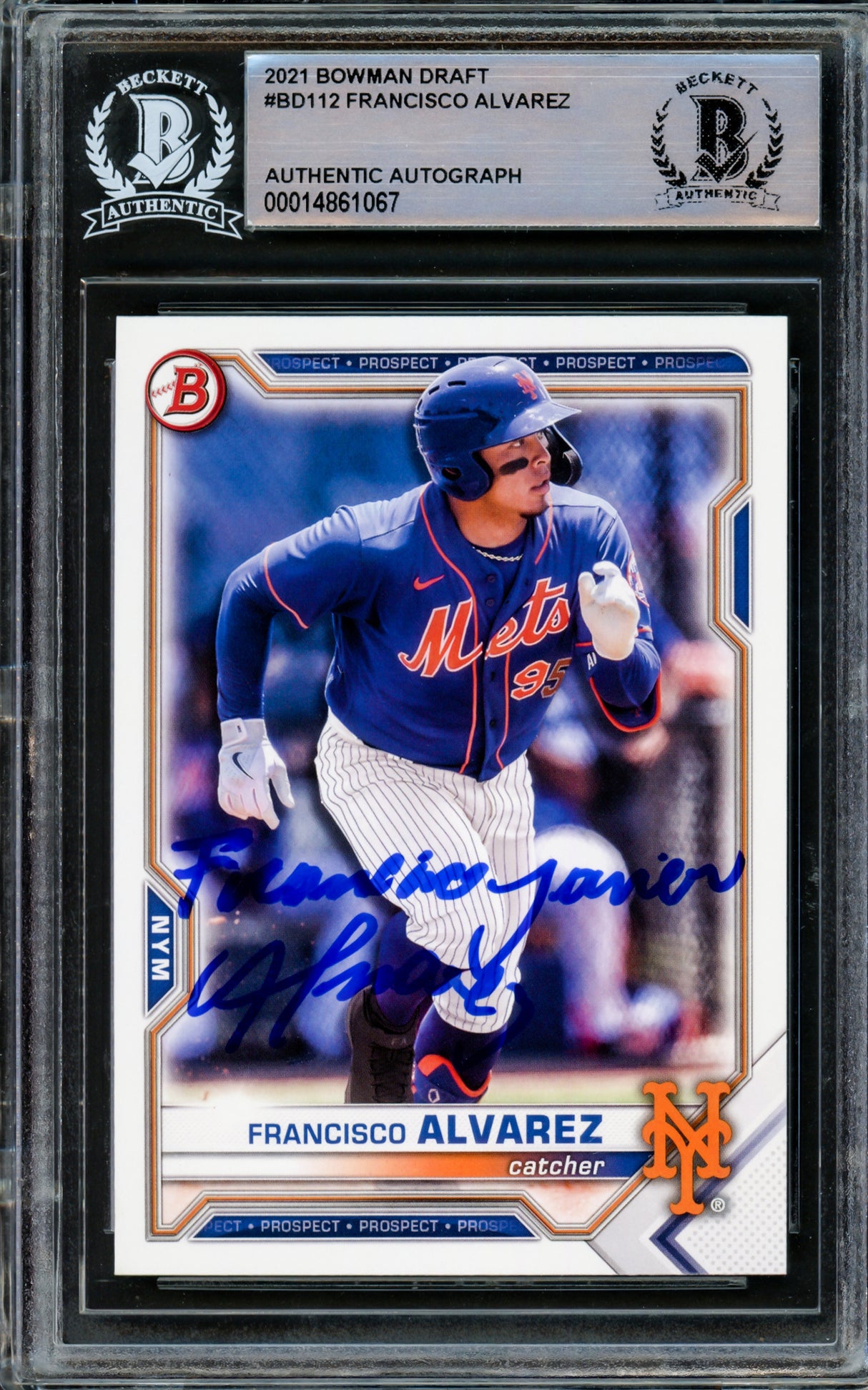 Francisco Alvarez Autographed 2021 Bowman Draft Rookie Card #BD-112 New York Mets Full Name Beckett BAS Stock #210493