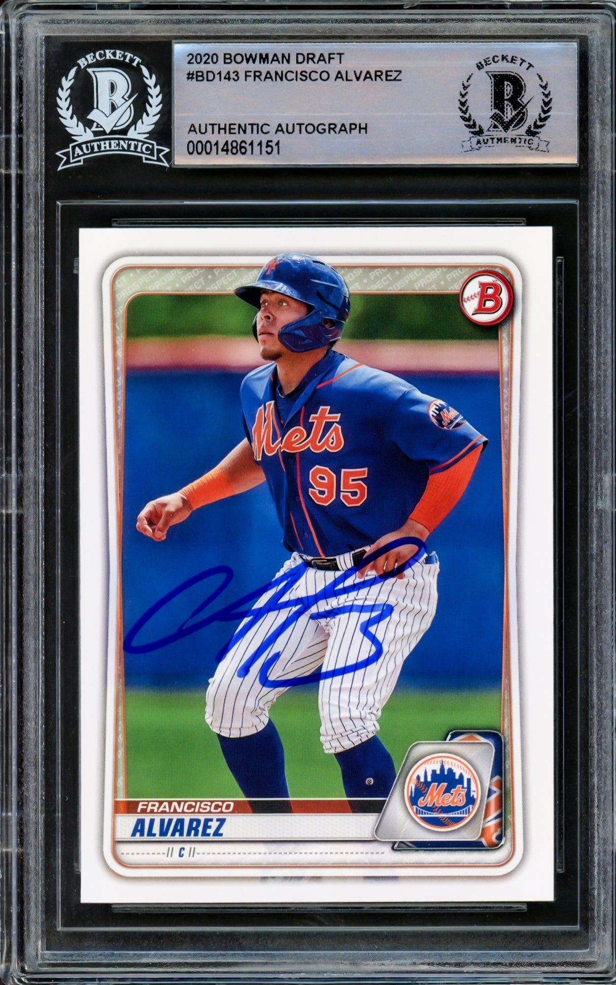 Francisco Alvarez Autographed 2020 Bowman Draft Rookie Card #BD-143 New York Mets Beckett BAS Stock #210495