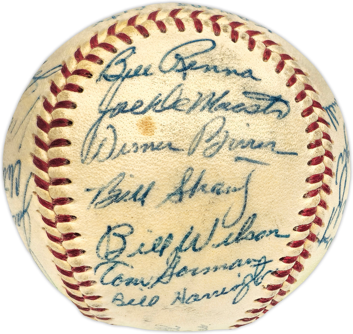 1955 Kansas City A's Team Autographed Official Harridge AL Baseball With 21 Signatures Including Enos Slaughter Beckett BAS #AE08361