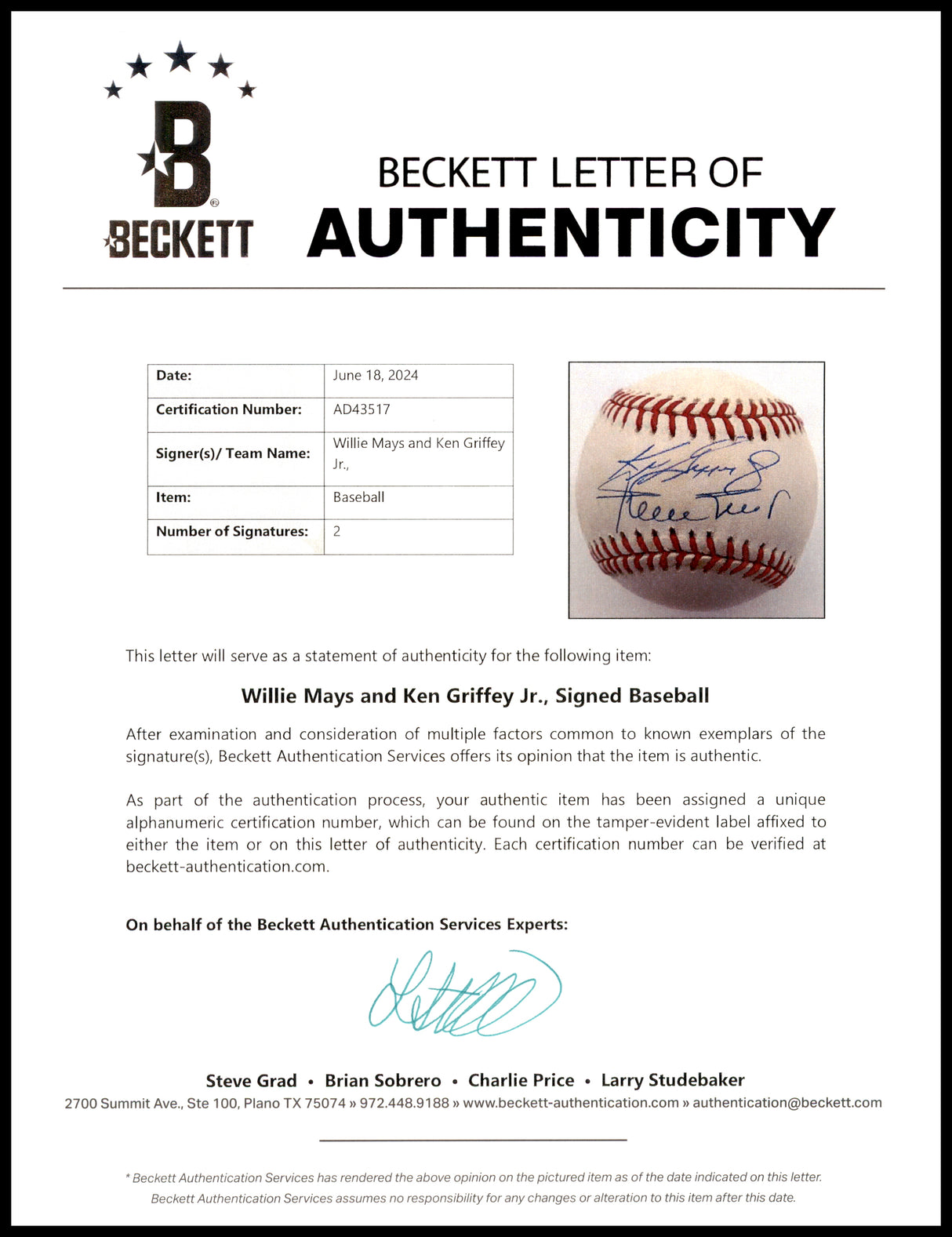 Willie Mays & Ken Griffey Jr. Autographed Official NL Baseball Beckett BAS #AD43517