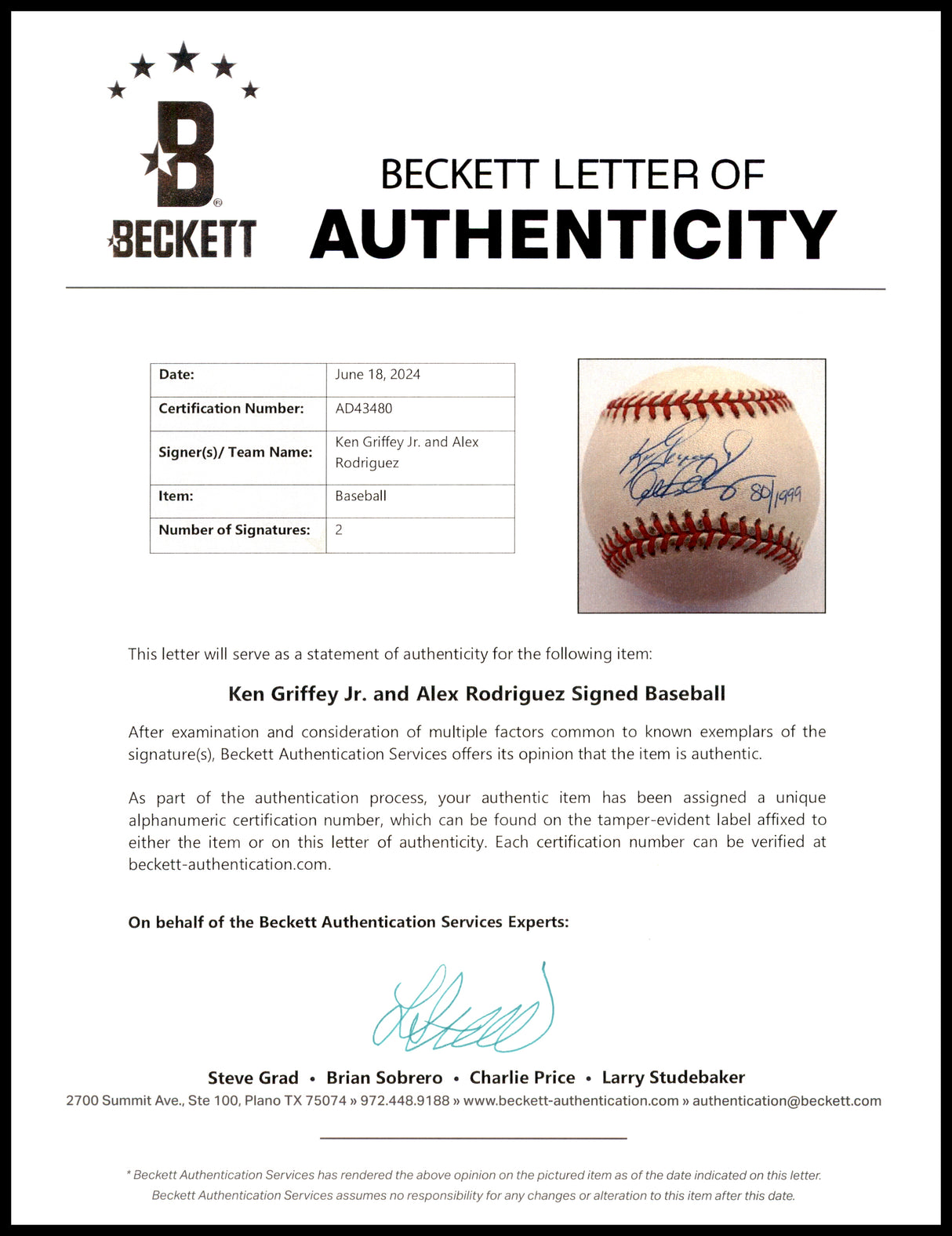 Ken Griffey Jr. & Alex Rodriguez Autographed Official AL Baseball Seattle Mariners #80/1999 Beckett BAS #AD43480