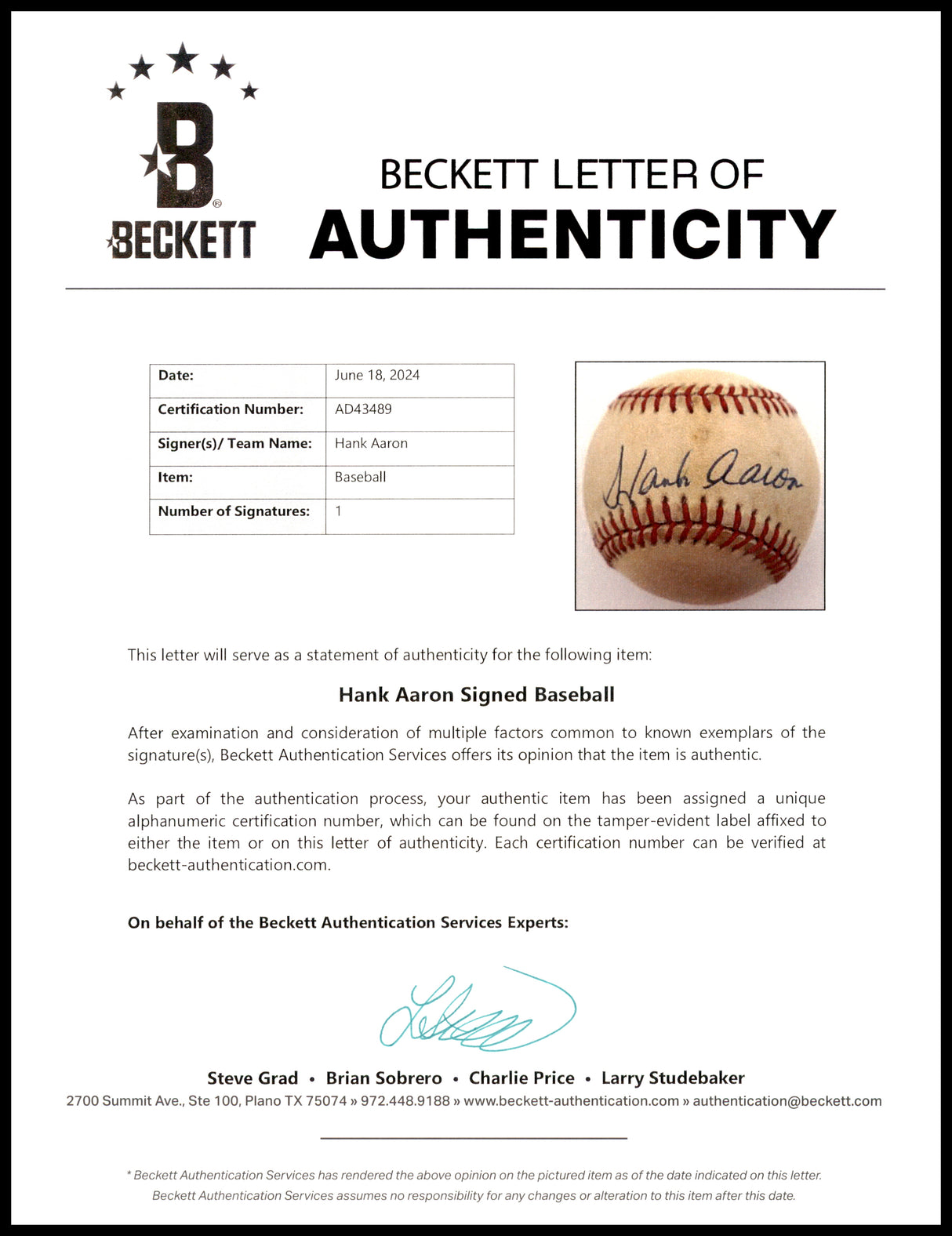 Hank Aaron Autographed Official NL Baseball Atlanta Braves Beckett BAS #AD43489