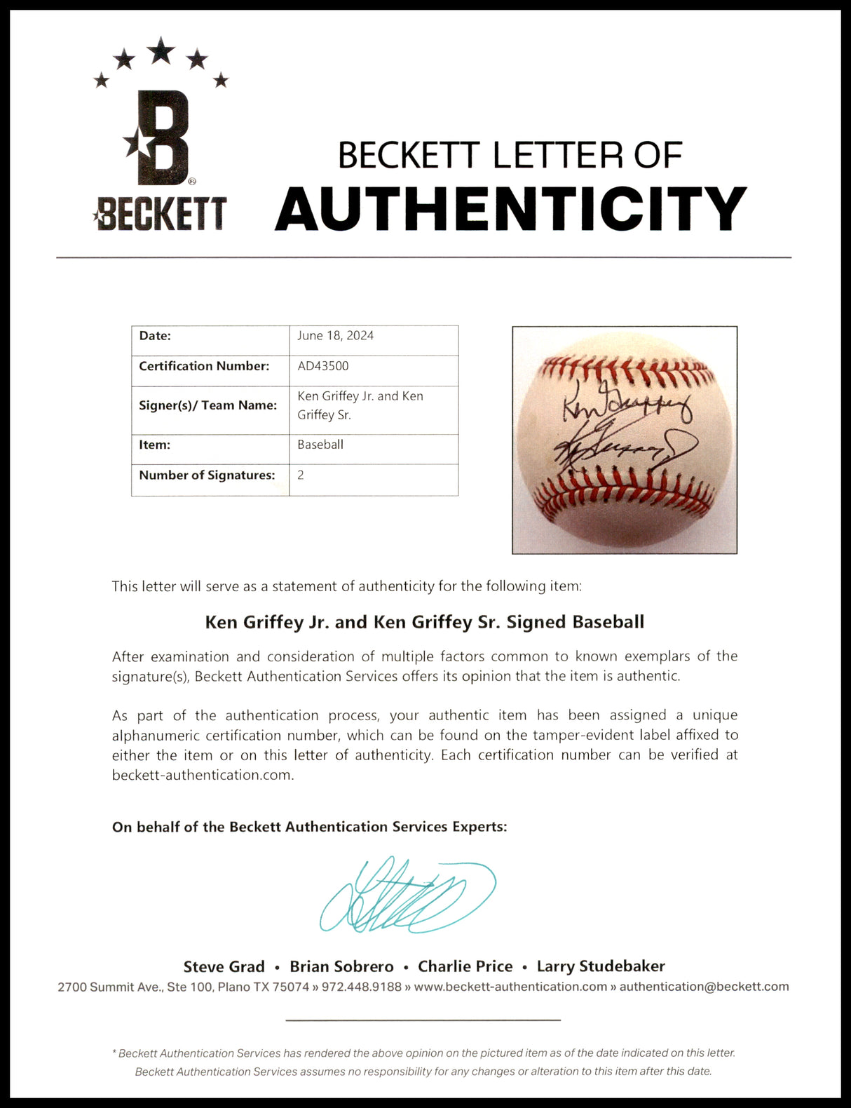 Ken Griffey Jr. & Sr. Autographed Official AL Baseball Seattle Mariners Beckett BAS #AD43500