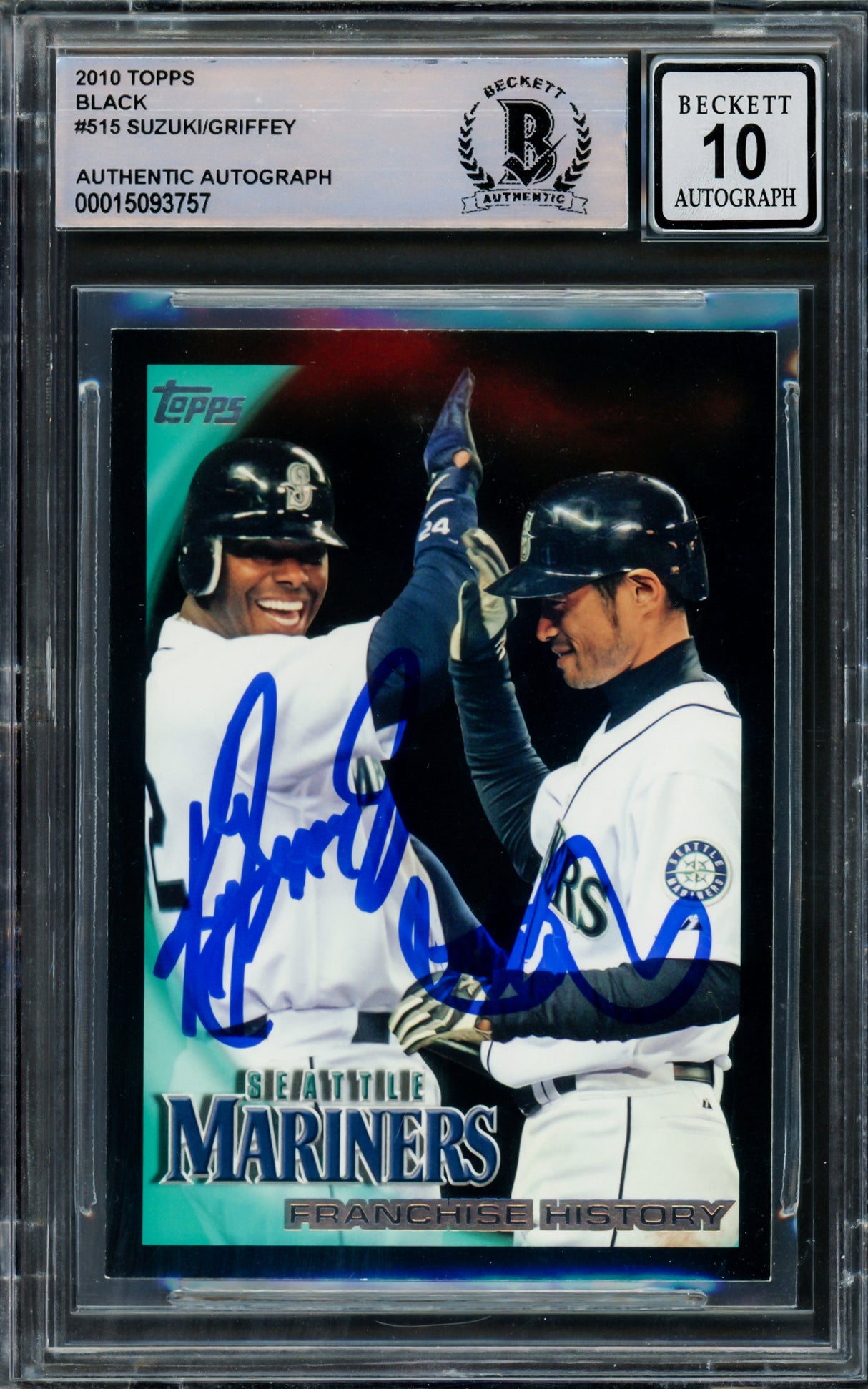 Ken Griffey Jr. & Ichiro Suzuki Autographed 2010 Topps Black Card #515 Seattle Mariners Auto Grade Gem Mint 10 Beckett BAS #15093757