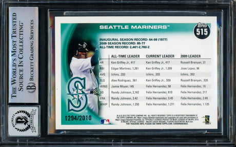 Ken Griffey Jr. & Ichiro Suzuki Autographed 2010 Topps Gold Card #515 Seattle Mariners Auto Grade Gem Mint 10 #1294/2010 Beckett BAS #15093759