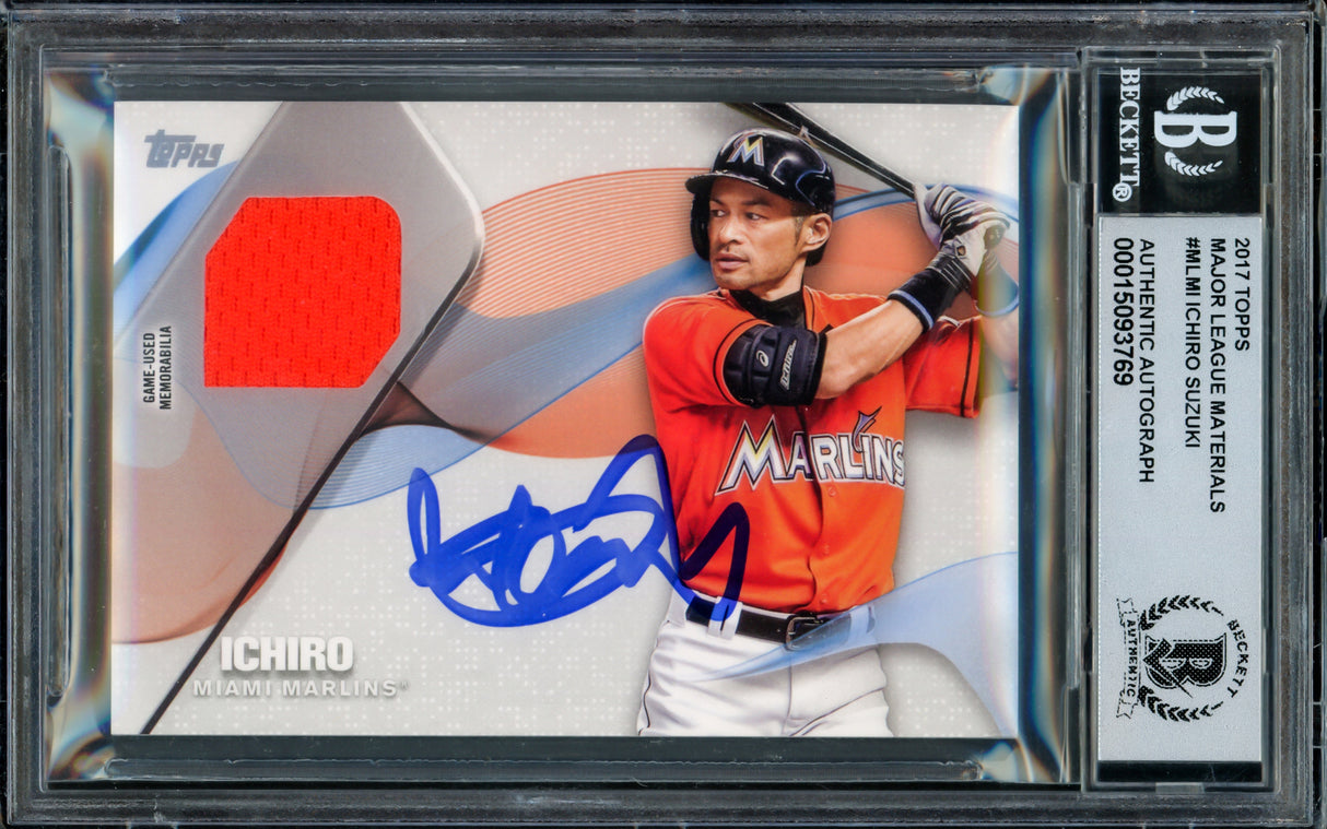 Ichiro Suzuki Autographed 2017 Topps Material Relic Jersey Card #MLM-1 Miami Marlins Auto Grade Gem Mint 10 Beckett BAS #15093769