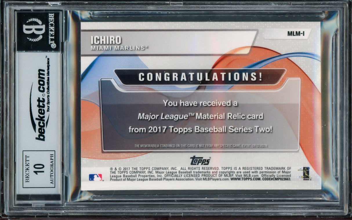 Ichiro Suzuki Autographed 2017 Topps Material Relic Jersey Card #MLM-1 Miami Marlins Auto Grade Gem Mint 10 Beckett BAS #15093769