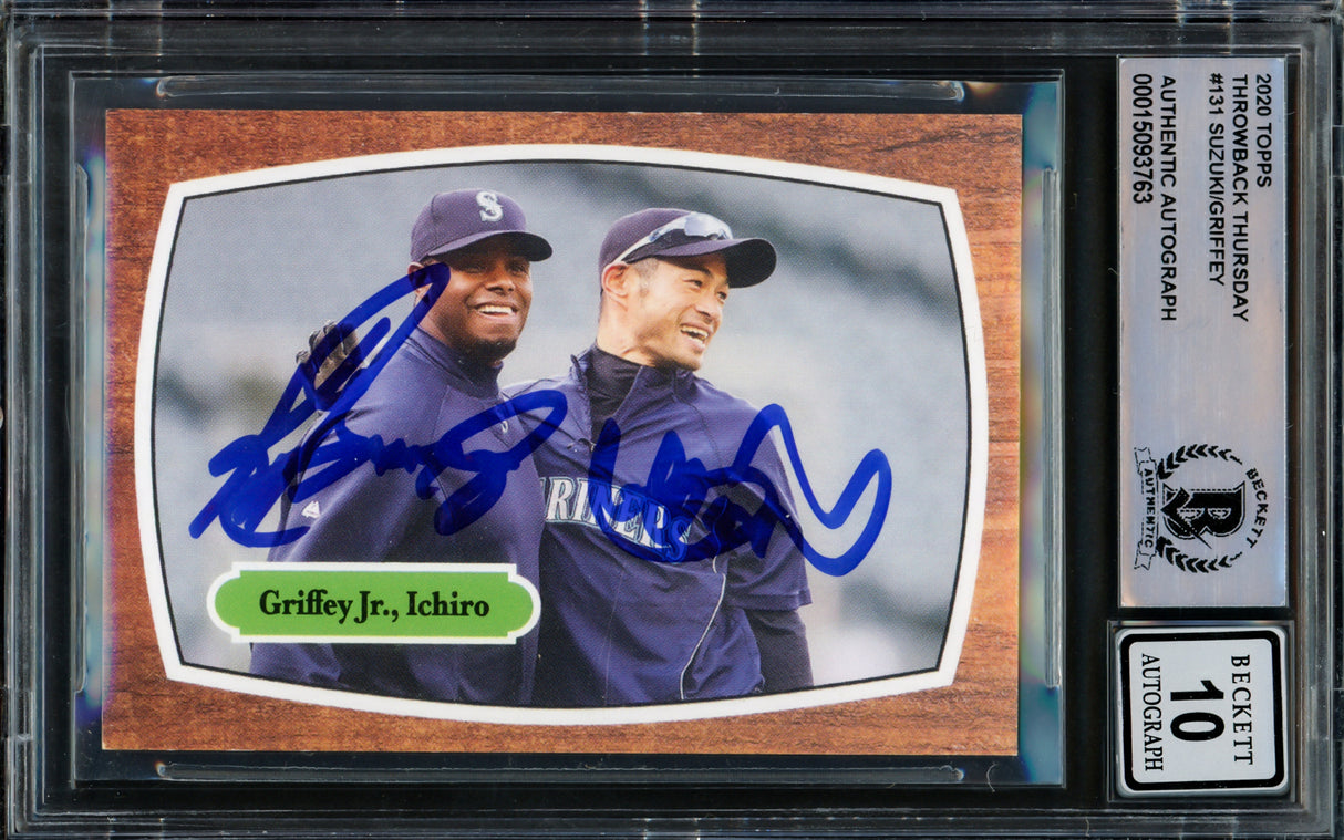 Ken Griffey Jr. & Ichiro Suzuki Autographed 2020 Topps Throwback Thursday Card #131 Seattle Mariners Auto Grade Gem Mint 10 Beckett BAS #15093763