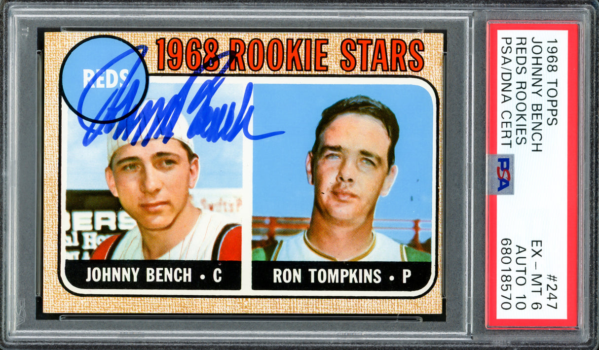 Johnny Bench Autographed 1968 Topps Rookie Card #247 New York Mets PSA 6 Auto Grade Gem Mint 10 PSA/DNA #68018570