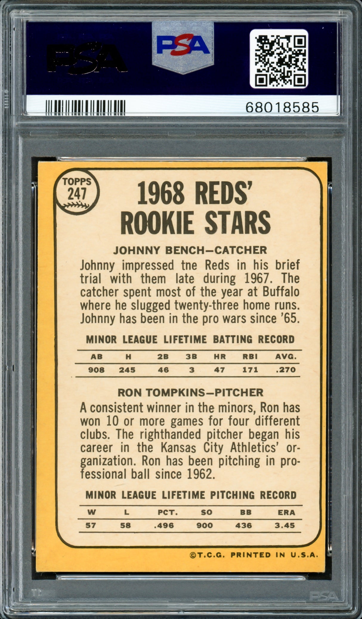 Johnny Bench Autographed 1968 Topps Rookie Card #247 New York Mets PSA 3.5 Auto Grade Gem Mint 10 PSA/DNA #68018585