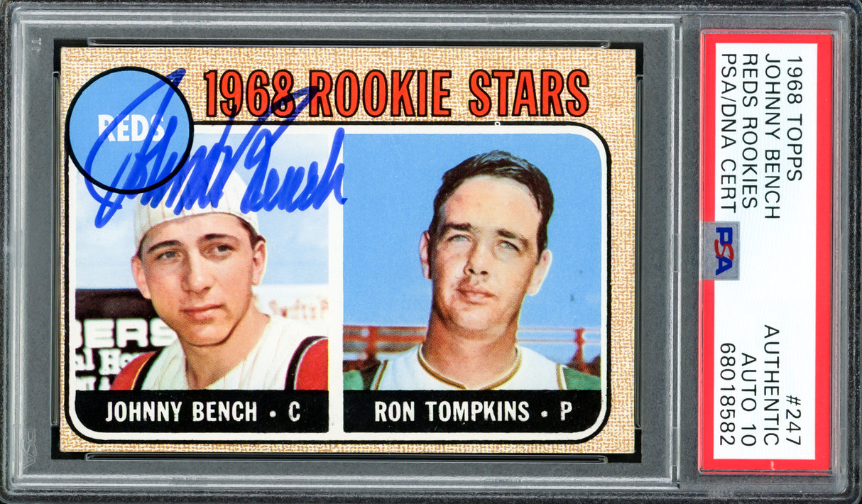 Johnny Bench Autographed 1968 Topps Rookie Card #247 New York Mets Auto Grade Gem Mint 10 PSA/DNA #68018582