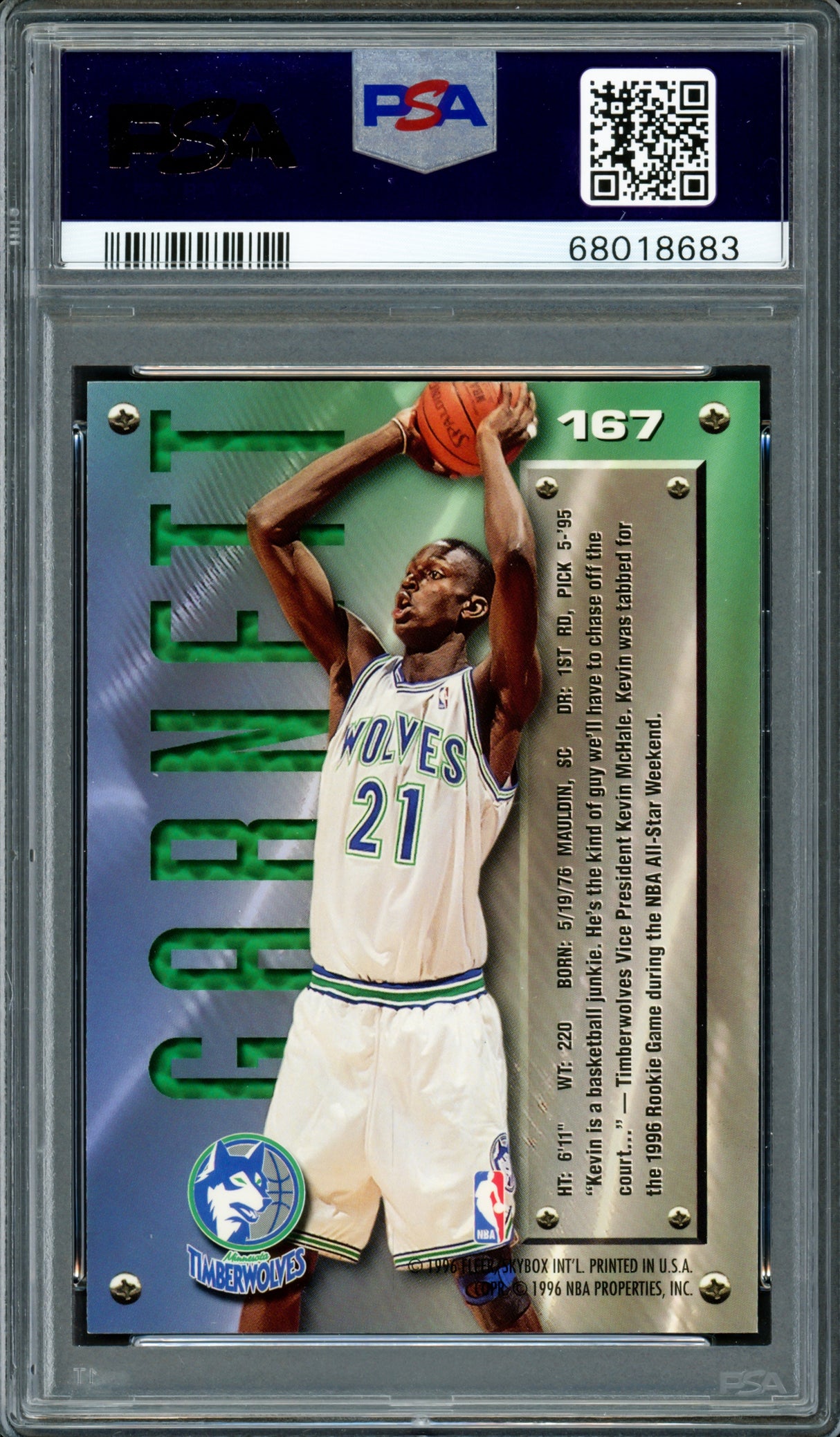 Kevin Garnett Autographed 1995 Fleer Metal Rookie Card #167 Minnesota Timberwolves PSA 9 Auto Grade Gem Mint 10 PSA/DNA Stock #211166