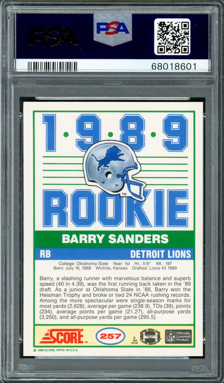 Barry Sanders Autographed 1989 Score Rookie Card #257 Detroit Lions PSA 8.5 Auto Grade Gem Mint 10 PSA/DNA #68018601