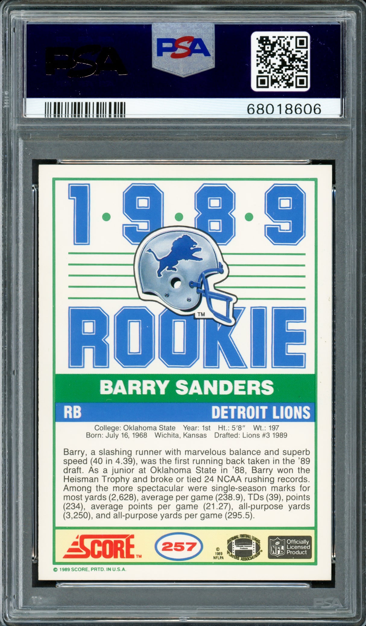 Barry Sanders Autographed 1989 Score Rookie Card #257 Detroit Lions PSA 7.5 Auto Grade Gem Mint 10 PSA/DNA #68018606