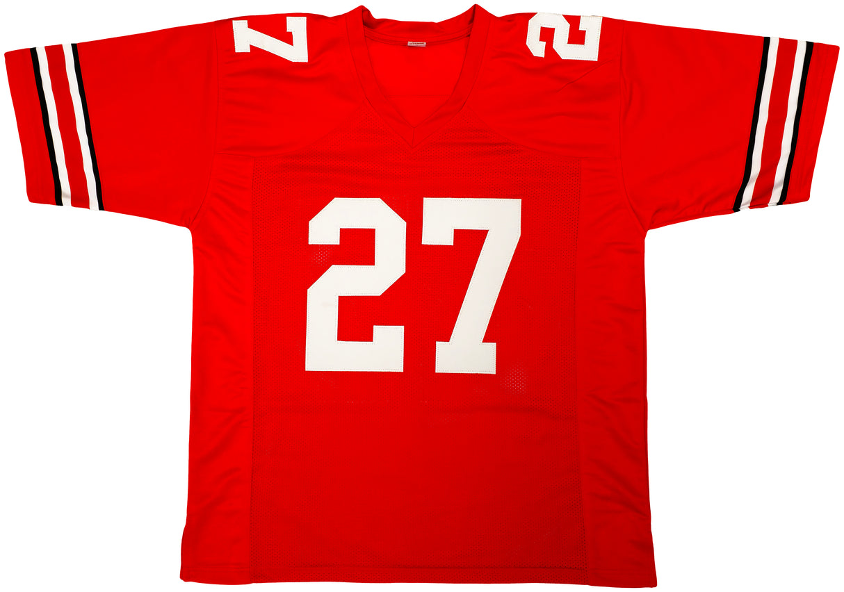 Ohio State Buckeyes Eddie George Autographed Red Jersey "Heisman 1995" Beckett BAS Witness Stock #222844