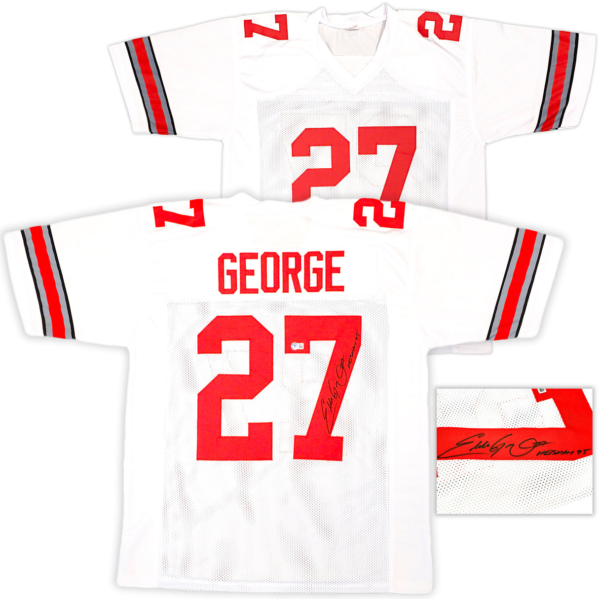 Ohio State Buckeyes Eddie George Autographed White Jersey "Heisman 1995" Beckett BAS Witness Stock #222845