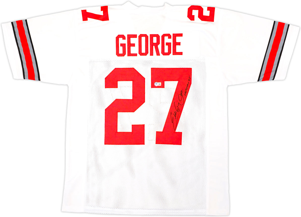 Ohio State Buckeyes Eddie George Autographed White Jersey "Heisman 1995" Beckett BAS Witness Stock #222845