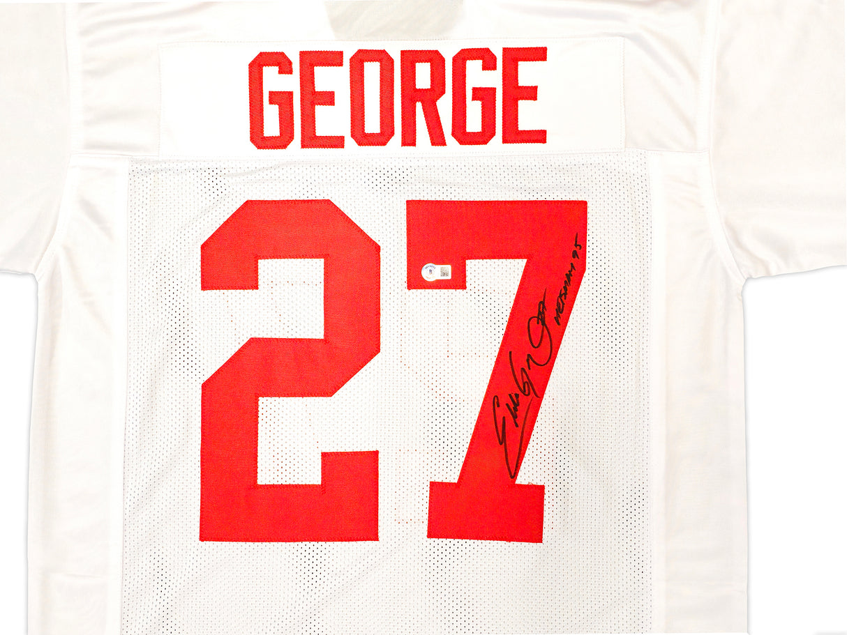 Ohio State Buckeyes Eddie George Autographed White Jersey "Heisman 1995" Beckett BAS Witness Stock #222845