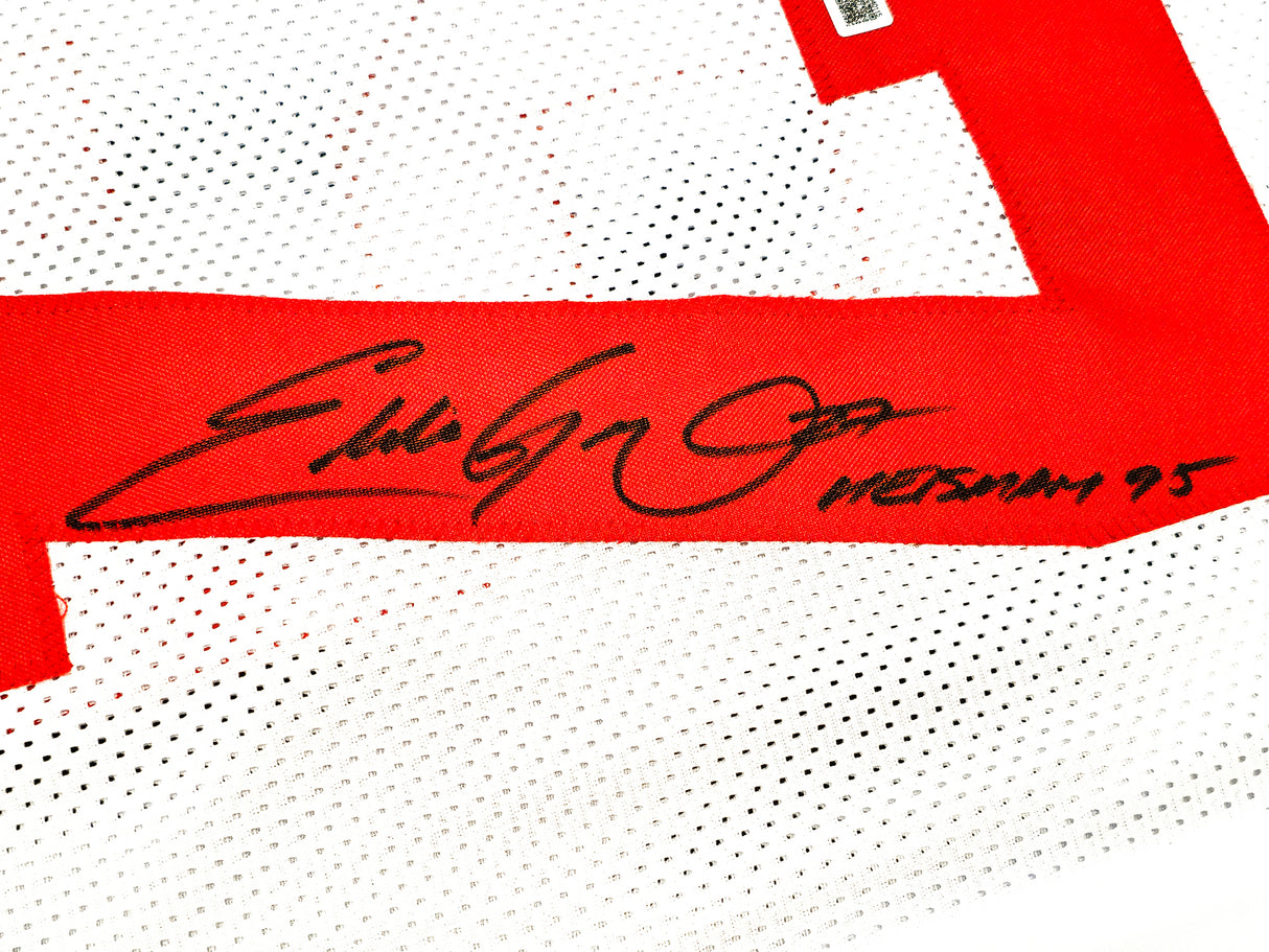 Ohio State Buckeyes Eddie George Autographed White Jersey "Heisman 1995" Beckett BAS Witness Stock #222845