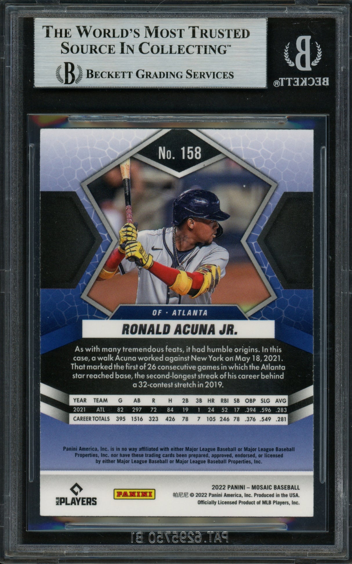 Ronald Acuna Jr. Autographed 2022 Panini Mosaic Card #158 Atlanta Braves Beckett BAS #16711214