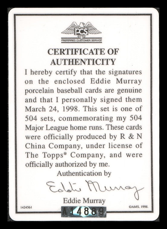 Eddie Murray Autographed Porcelain Baseball Card Set Baltimore Orioles "ROY 77, 81 HRC & 504 HR" With 3 Signed Cards #21/504 Signature Series #A14889