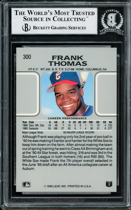 Frank Thomas Autographed 1990 Leaf Rookie Card #300 Chicago White Sox Beckett BAS Stock #211219