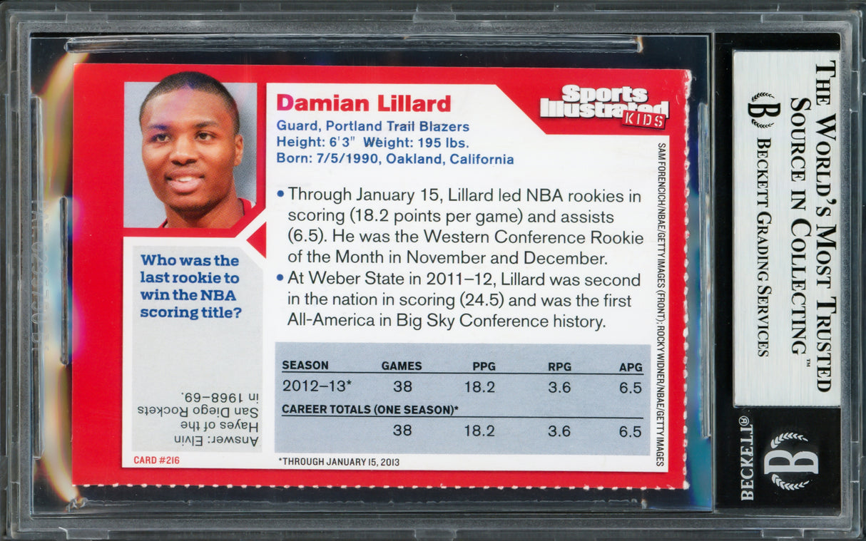 Damian Lillard Autographed 2013 Sports Illustrated For Kids Rookie Card #216 Portland Trail Blazers Beckett BAS Stock #211248