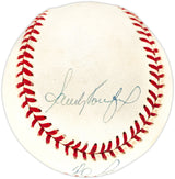 Sandy Koufax, Nolan Ryan & Bob Feller Autographed Official AL Baseball Beckett BAS #AE08376