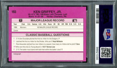 Ken Griffey Jr. Autographed 1989 Classic Travel Update II Rookie Card #193 Seattle Mariners PSA 9 Auto Grade Gem Mint 10 PSA/DNA Stock #238230