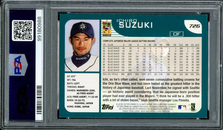 Ichiro Suzuki Autographed 2001 Topps Rookie Card #726 Seattle Mariners PSA 7 Auto Grade Gem Mint 10 PSA/DNA #99180988