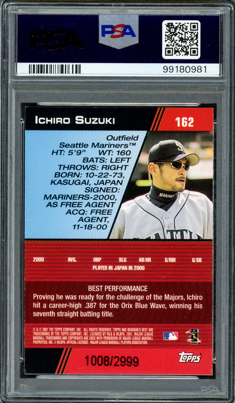 Ichiro Suzuki Autographed 2001 Bowman's Best Rookie Card #162 Seattle Mariners PSA 9 Auto Grade Gem Mint 10 "01 ROY/MVP" #1008/2999 PSA/DNA #99180981