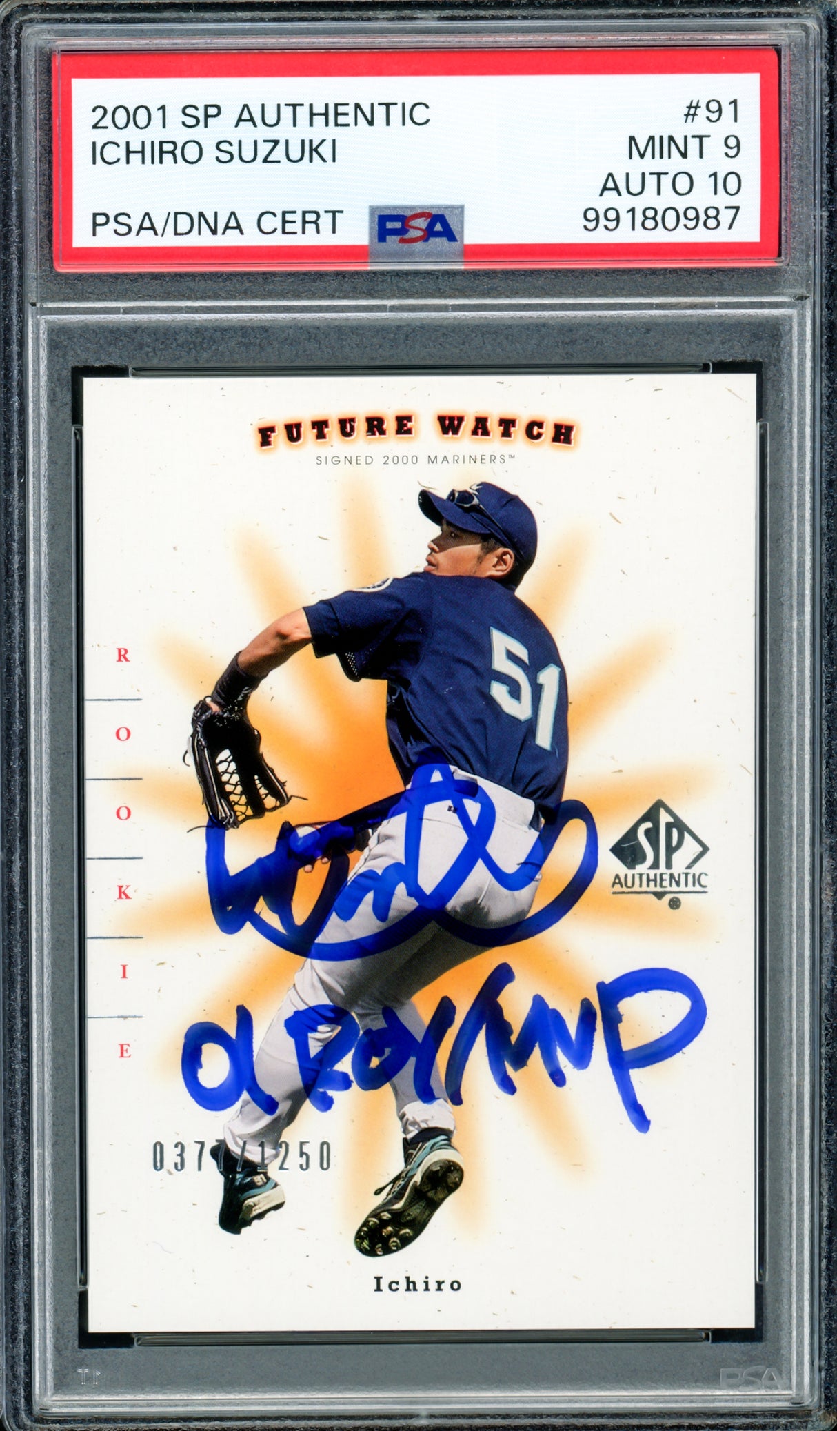 Ichiro Suzuki Autographed 2001 Upper Deck SP Authentic Rookie Card #91 Seattle Mariners PSA 9 Auto Grade Gem Mint 10 "01 ROY/MVP" PSA/DNA #99180987