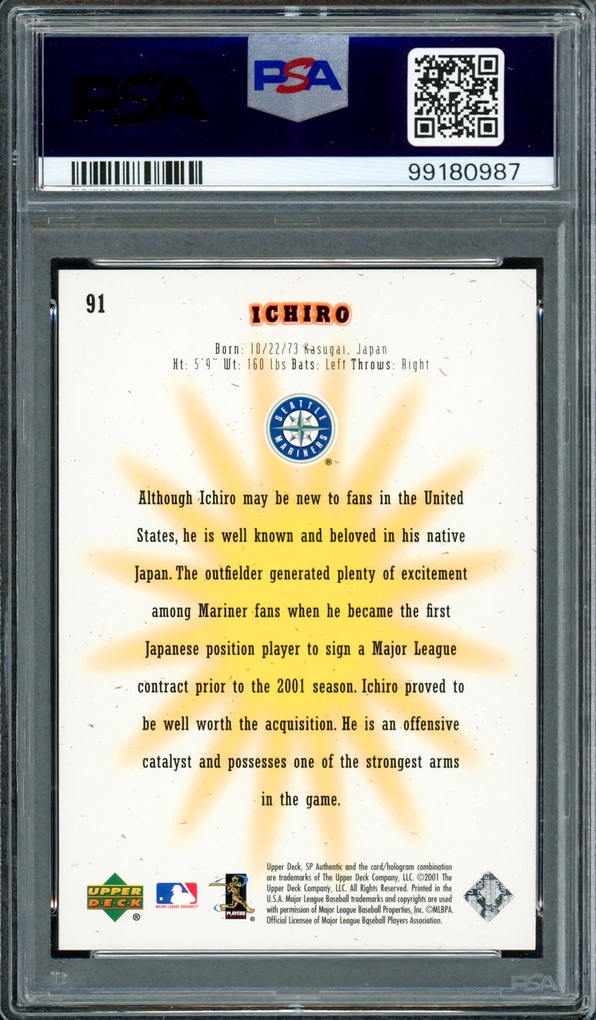 Ichiro Suzuki Autographed 2001 Upper Deck SP Authentic Rookie Card #91 Seattle Mariners PSA 9 Auto Grade Gem Mint 10 "01 ROY/MVP" PSA/DNA #99180987