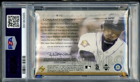 Ichiro Suzuki Autographed 2001 Upper Deck Ultimate Collection Gold Rookie Card #B-IG Seattle Mariners PSA 8 Auto Grade Gem Mint 10 "01 ROY/MVP" Game Used Bat Relic #151/200 PSA/DNA #99180985