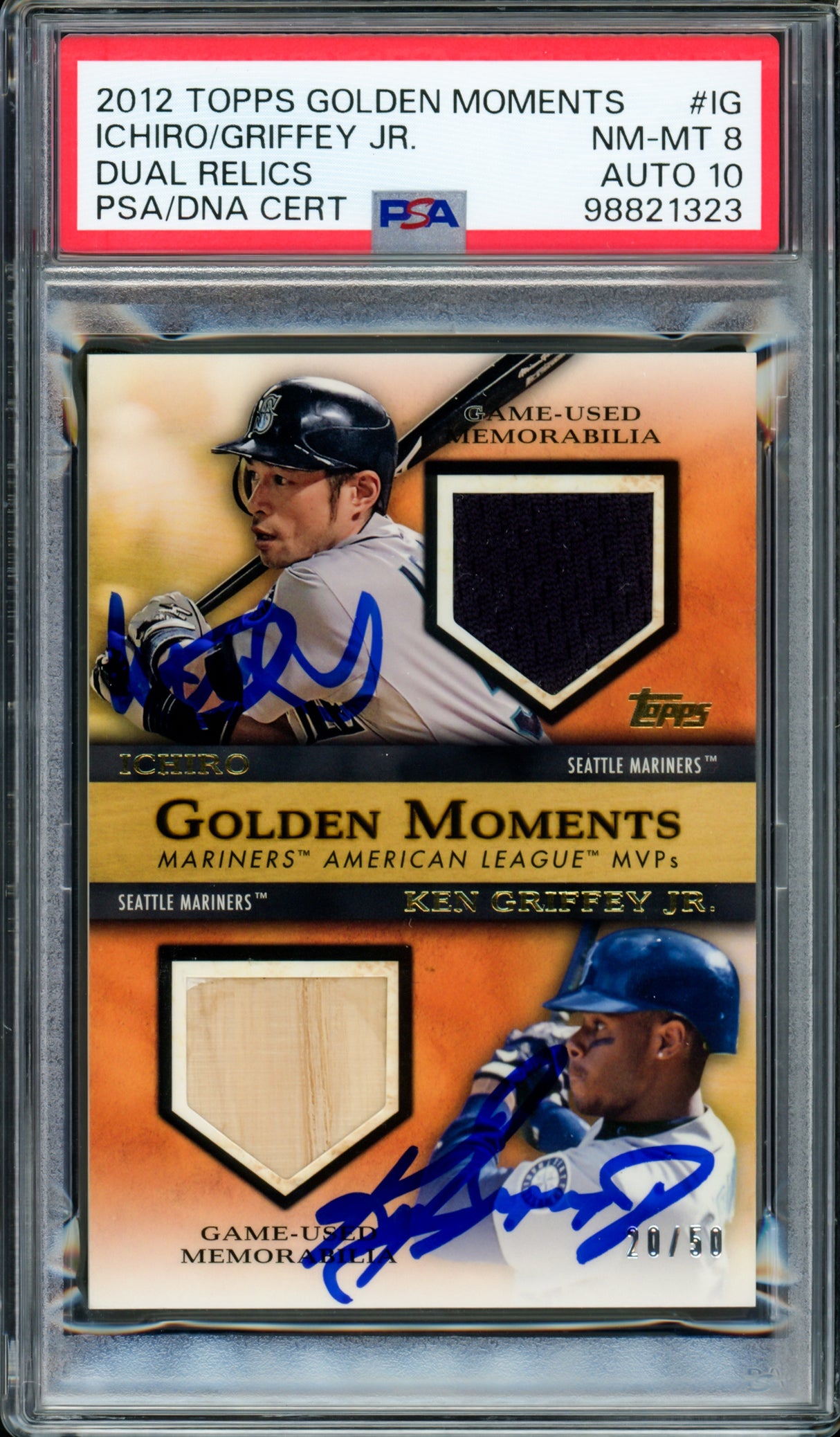 Ken Griffey Jr. & Ichiro Suzuki Autographed 2012 Topps Golden Moments Dual Relics Card #IG Seattle Mariners PSA 8 Auto Grade Gem Mint 10 Game Used Bat & Jersey Patch #20/50 PSA/DNA #98821323