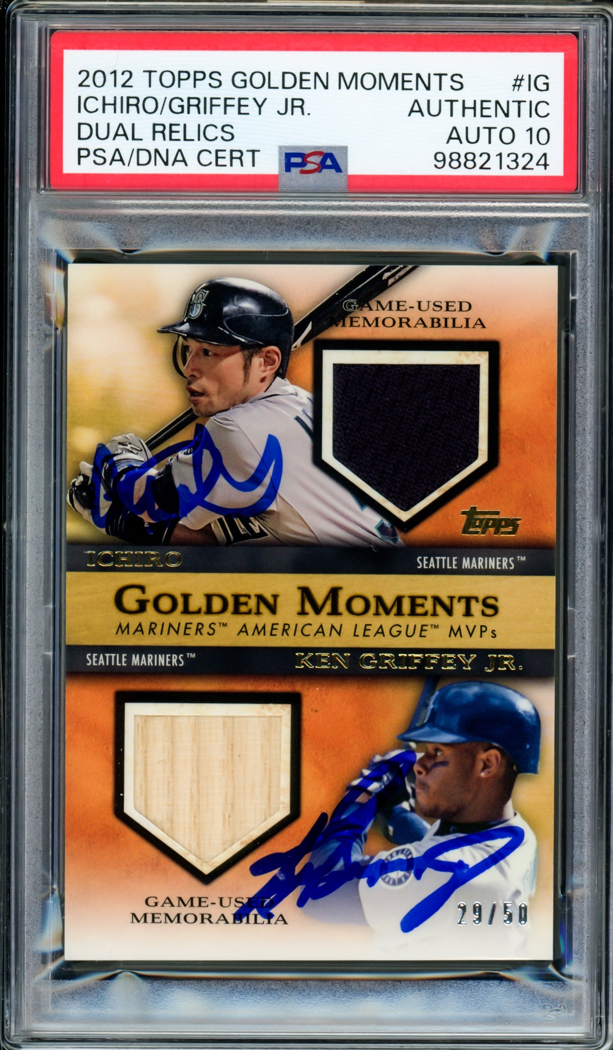 Ken Griffey Jr. & Ichiro Suzuki Autographed 2012 Topps Golden Moments Dual Relics Card #IG Seattle Mariners Auto Grade Gem Mint 10 Game Used Bat & Jersey Patch #29/50 PSA/DNA #98821324