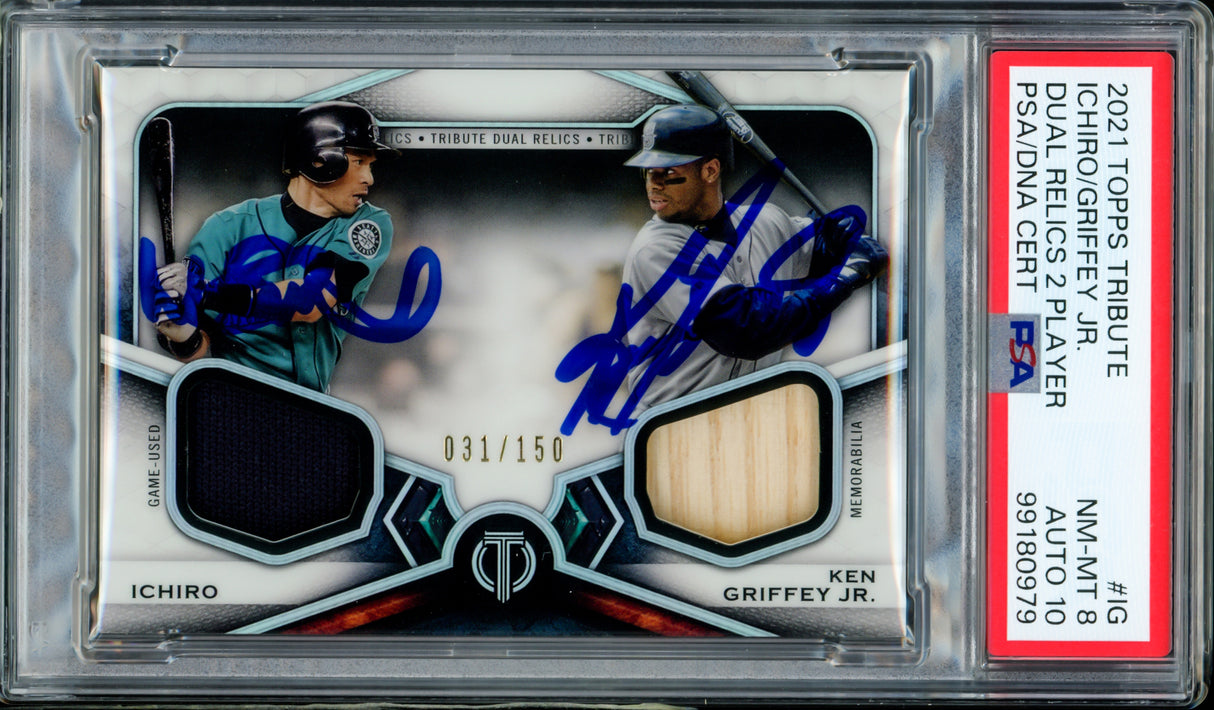 Ken Griffey Jr. & Ichiro Suzuki Autographed 2021 Topps Tribute Dual Relics Card #IG Seattle Mariners PSA 8 Auto Grade Gem Mint 10 Game Used Bat & Jersey Patch #31/150 PSA/DNA #99180979