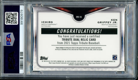 Ken Griffey Jr. & Ichiro Suzuki Autographed 2021 Topps Tribute Dual Relics Card #IG Seattle Mariners PSA 8 Auto Grade Gem Mint 10 Game Used Bat & Jersey Patch #31/150 PSA/DNA #99180979