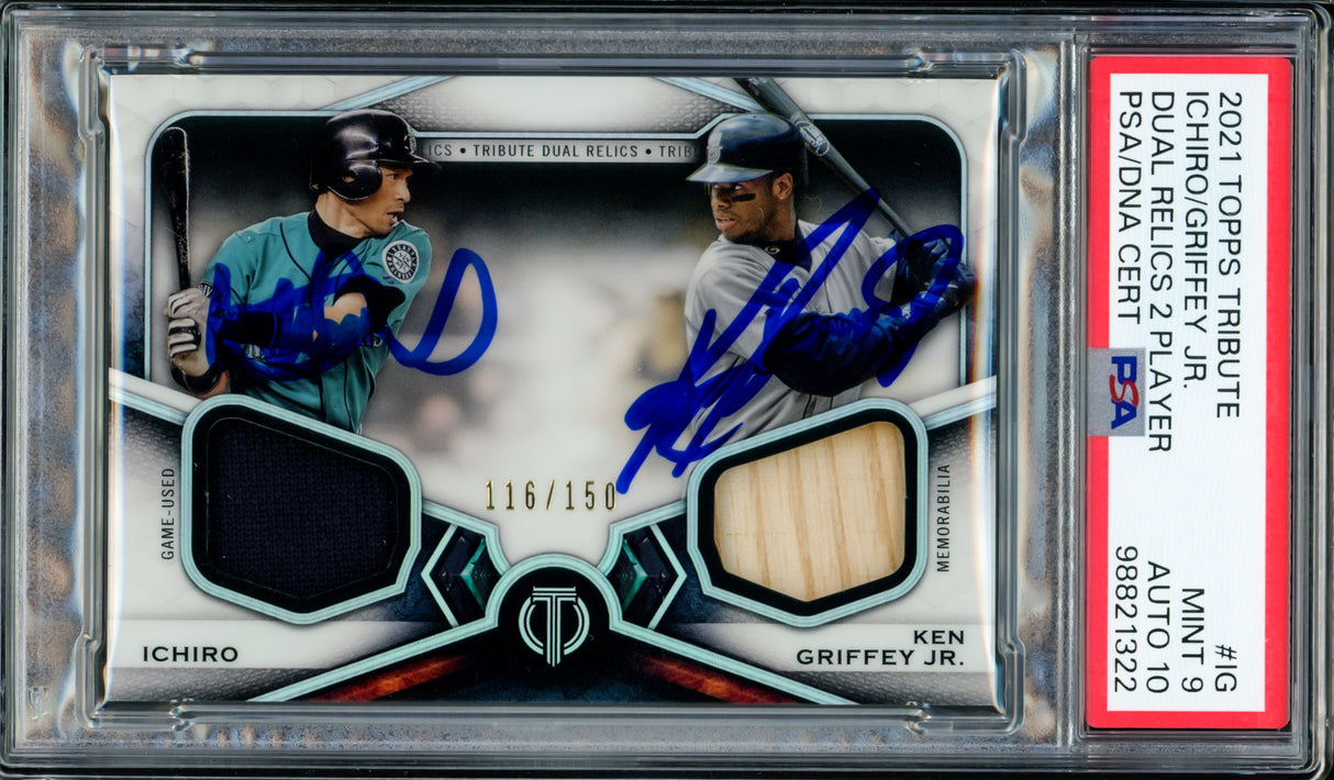 Ken Griffey Jr. & Ichiro Suzuki Autographed 2021 Topps Tribute Dual Relics Card #IG Seattle Mariners PSA 9 Auto Grade Gem Mint 10 Game Used Bat & Jersey Patch #31/150 PSA/DNA #98821322