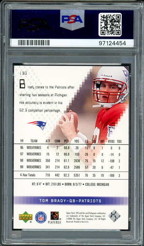 Tom Brady Autographed 2000 Upper Deck SPx Rookie Card #130 New England Patriots Auto Grade Gem Mint 10 "GOAT" TB12 Collection PSA/DNA #97124454