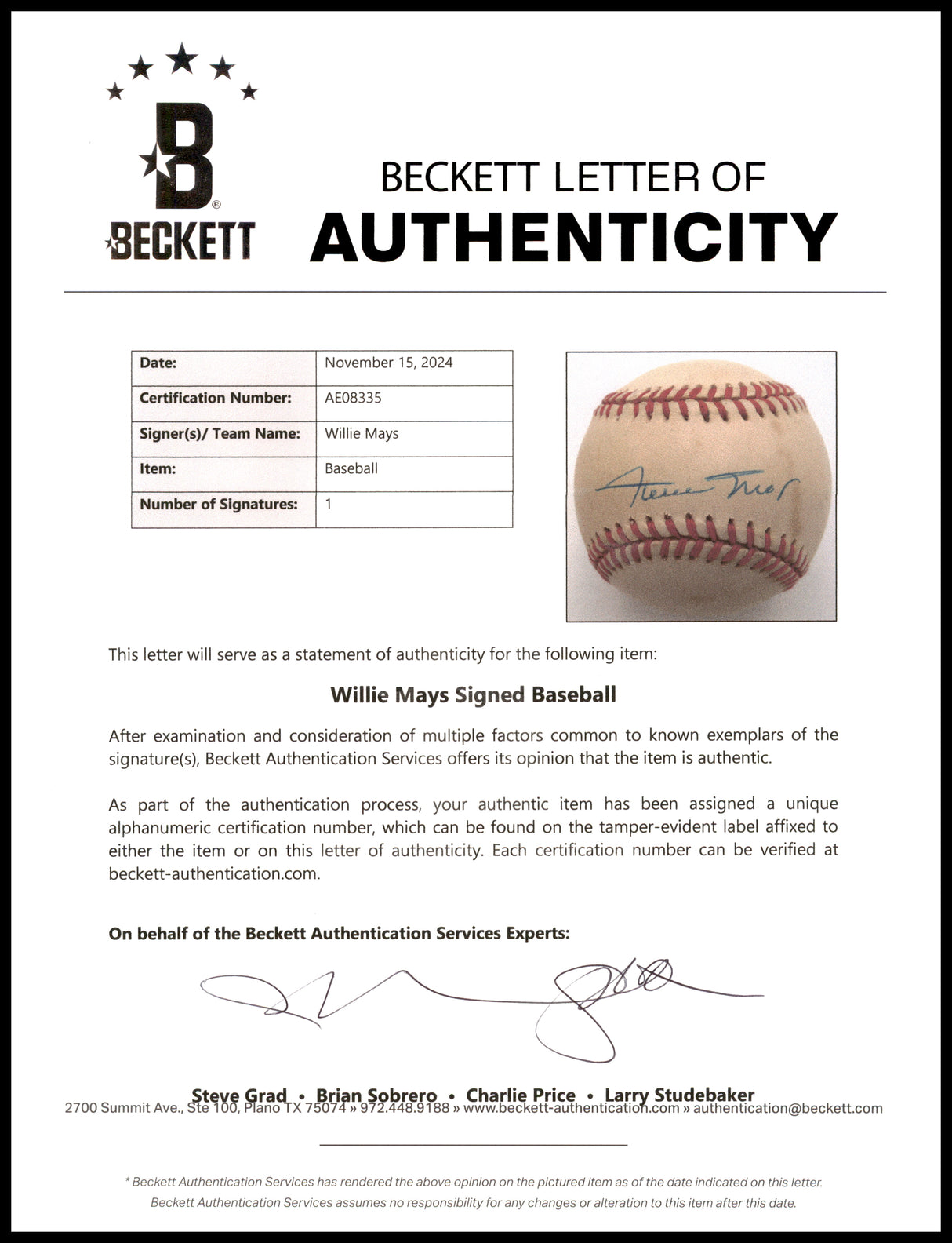 Willie Mays Autographed Official NL Baseball San Francisco Giants Beckett BAS #AE08335