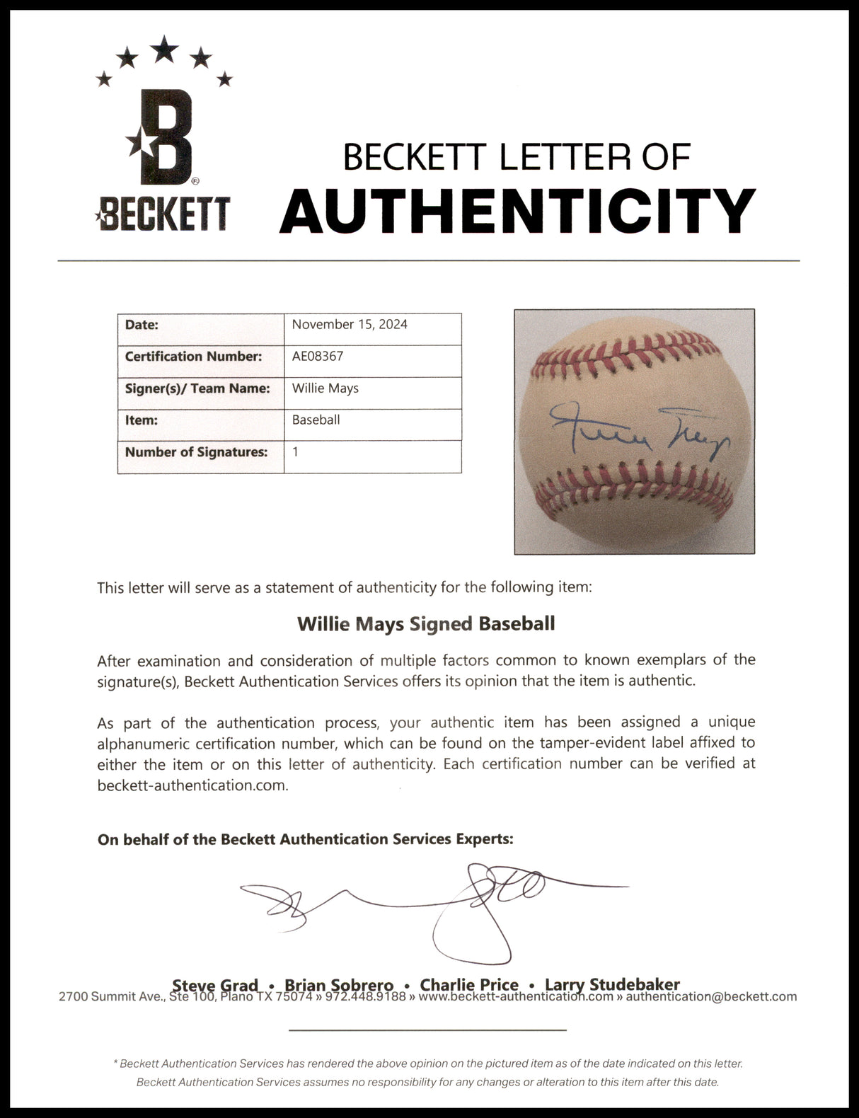 Willie Mays Autographed Official NL Baseball San Francisco Giants Beckett BAS #AE08367