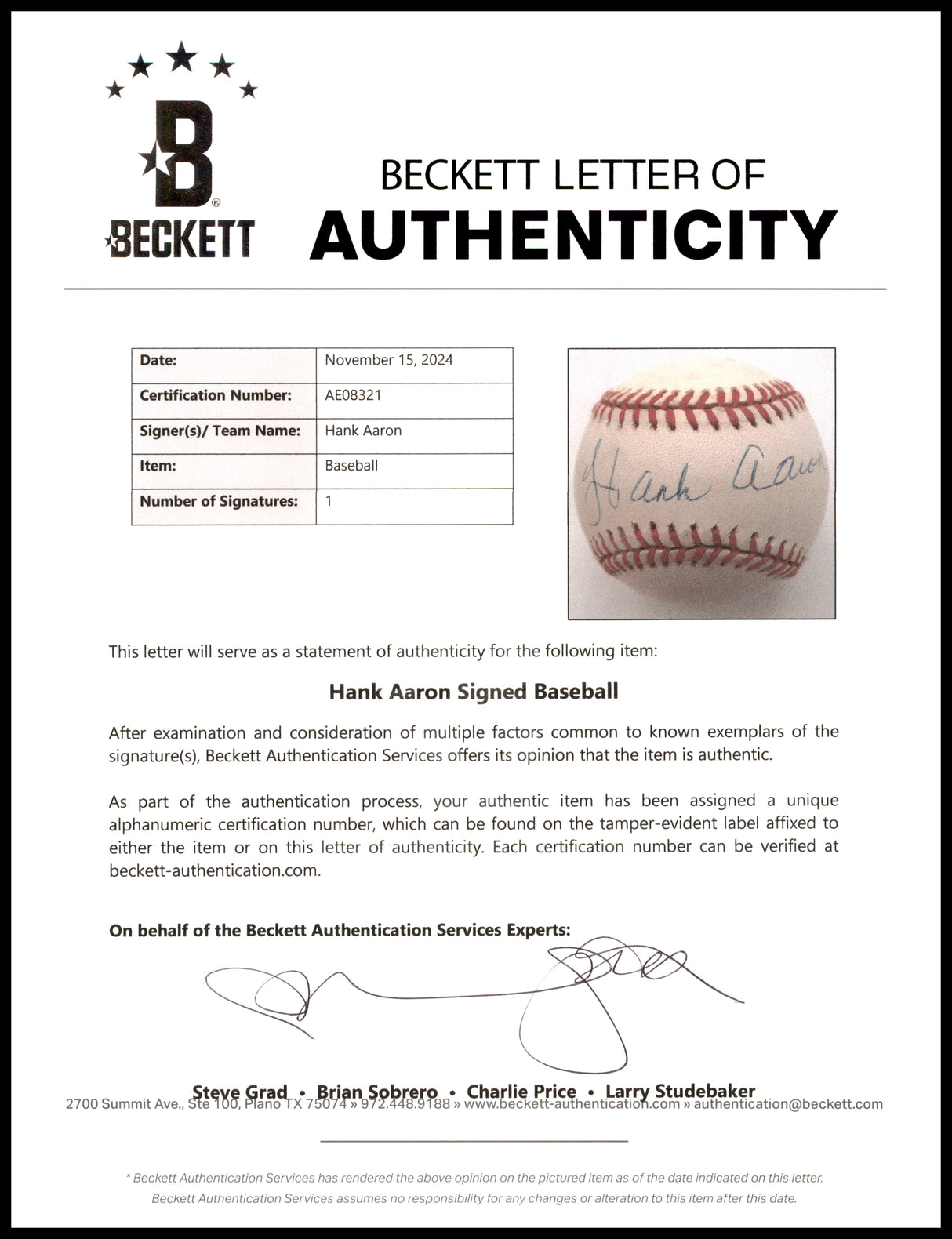 Hank Aaron Autographed Official NL Baseball Atlanta Braves Beckett BAS #AE08321