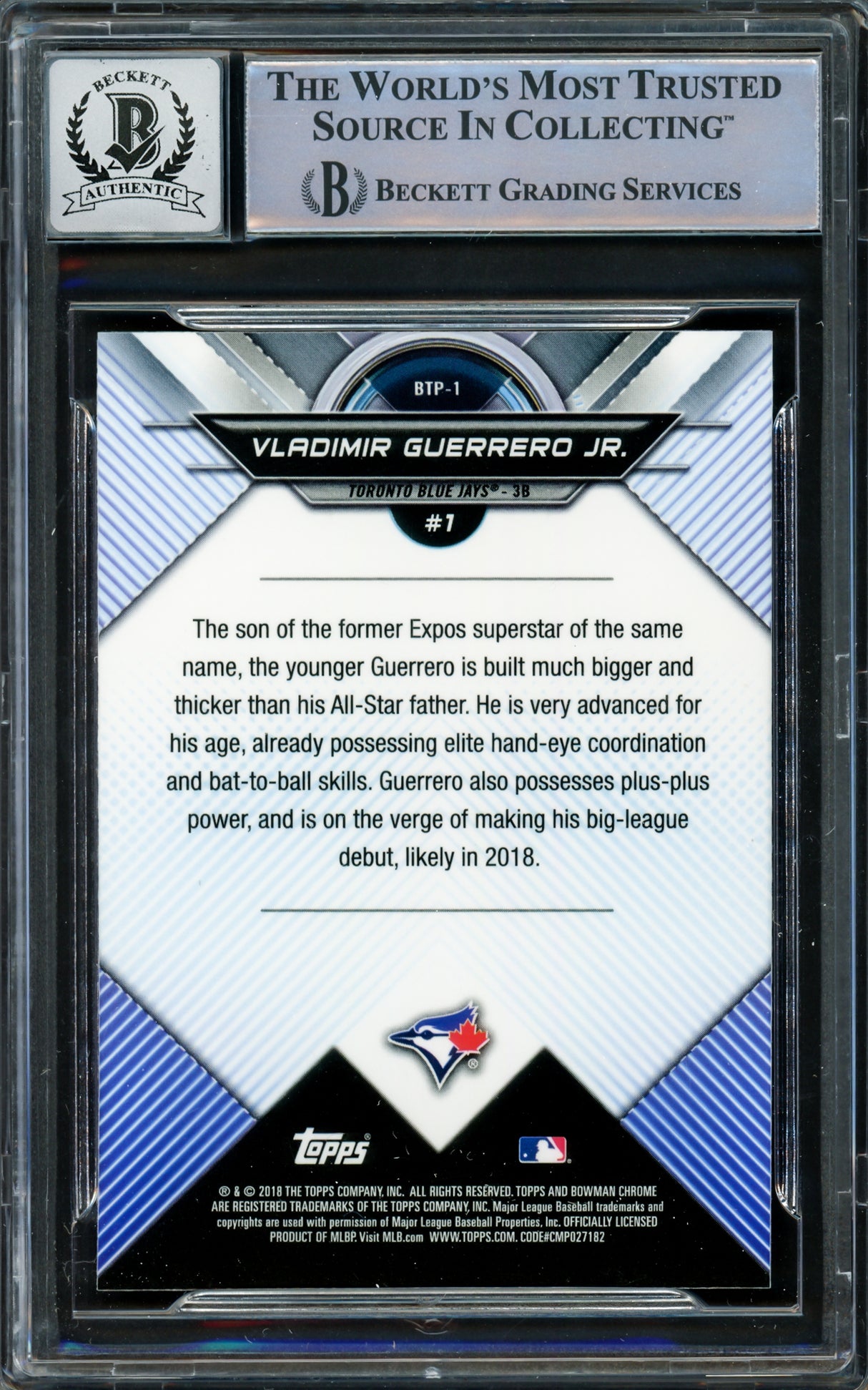 Vladimir Guerrero Jr. Autographed 2018 Bowman Chrome Top 100 Rookie Card #BTP-1 Toronto Blue Jays Auto Grade Gem Mint 10 Beckett BAS #16337861